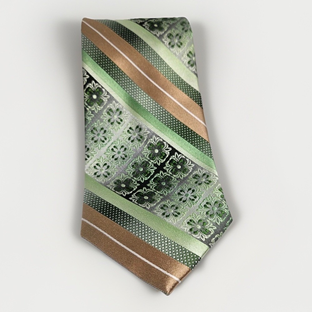 Vintage Necktie Green Bronze 100% Silk Striped Floral Medallion Textured 3x58"
